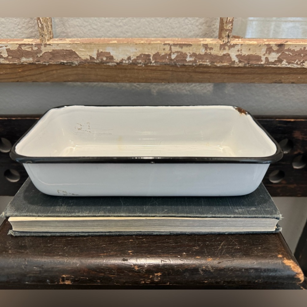 Vintage Black and  White Enamelware Rectangular Pan
